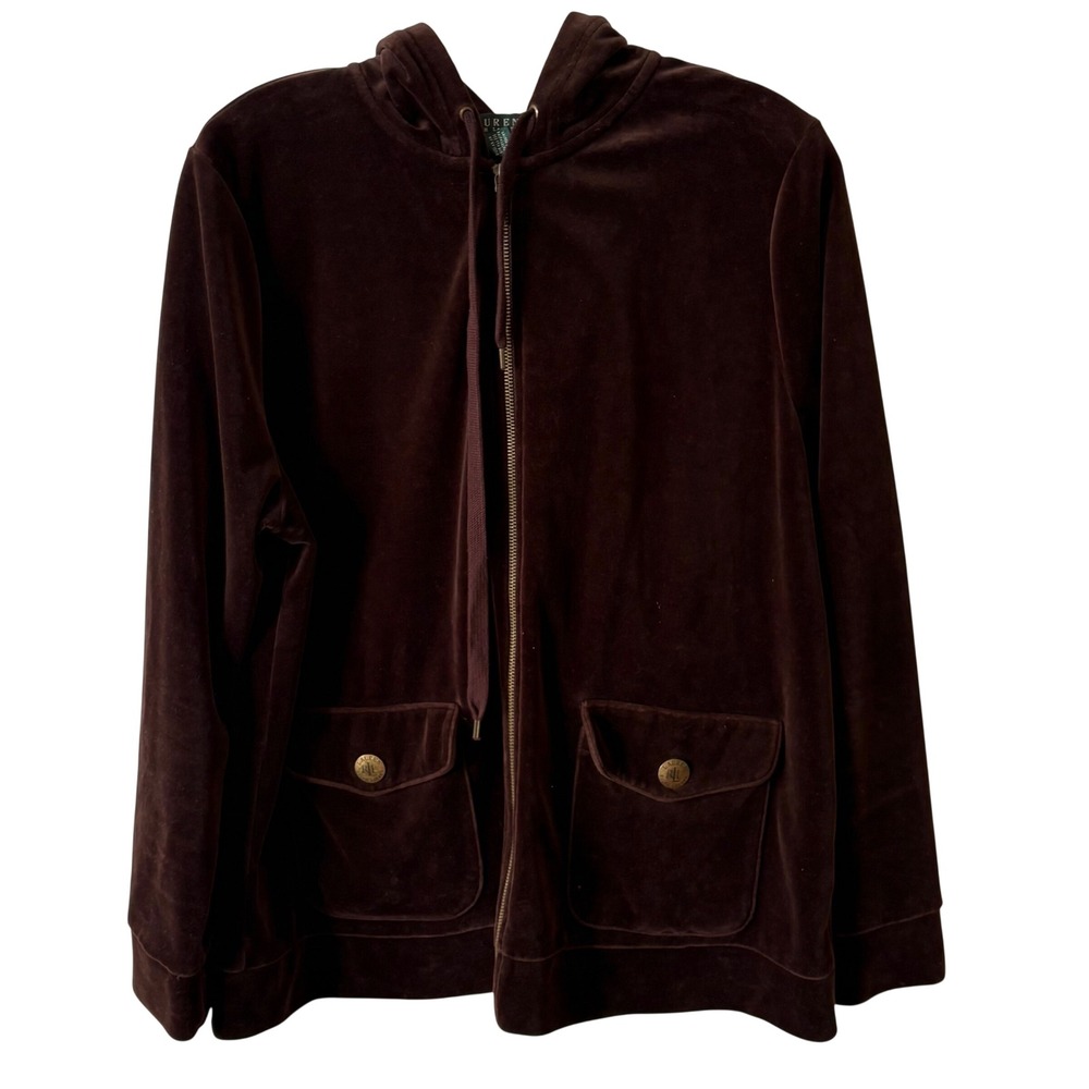 Lauren Ralph Lauren Chocolate Brown Velour Zip Front Hoodie in Size 1X